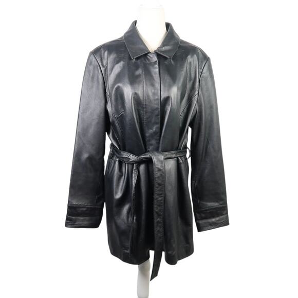 Vintage Y2K Kathy Ireland Black Leather Tie Front Jacket XL - Picture 1 of 5